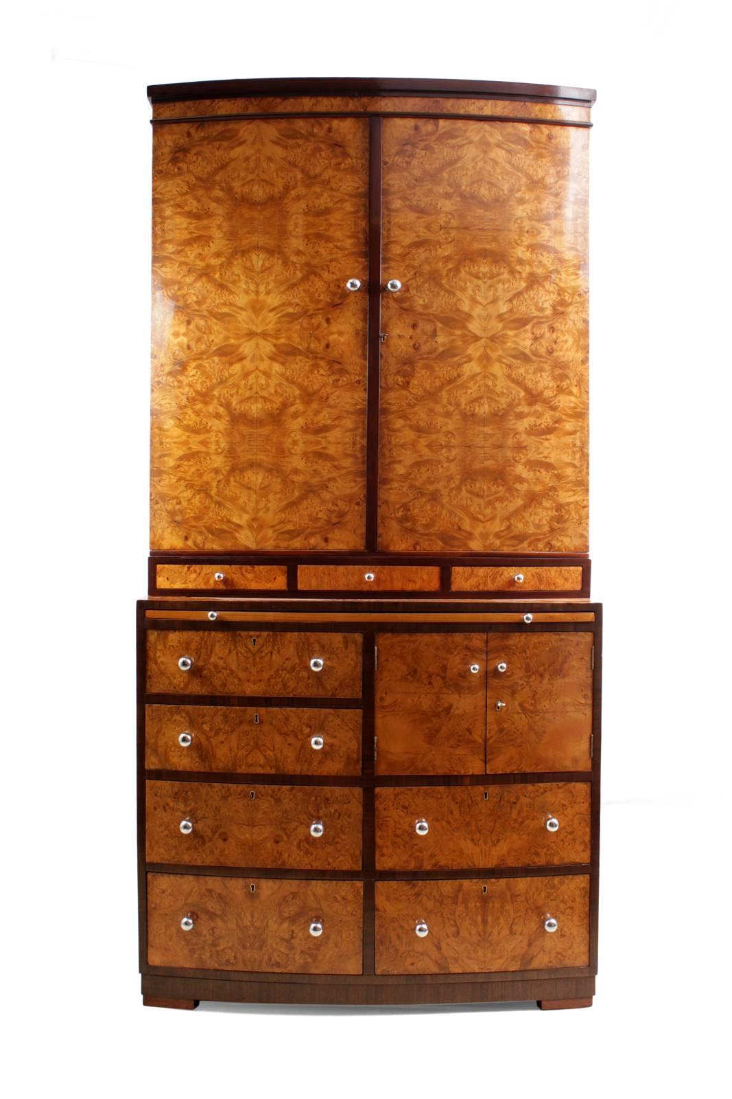 Early 20th Century Art Deco Cabinet with Bookcase and Drawers in Burr Maple