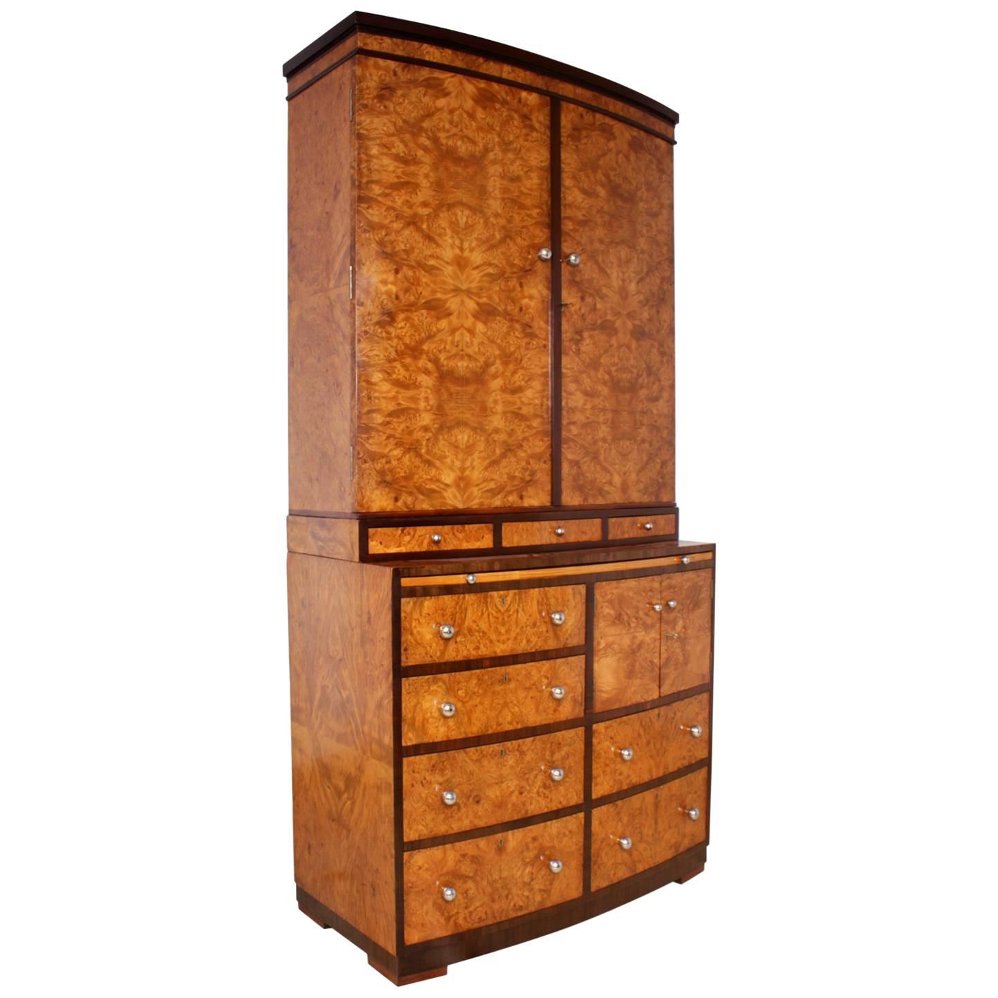 Art Deco Cabinet with Bookcase and Drawers in Burr Maple