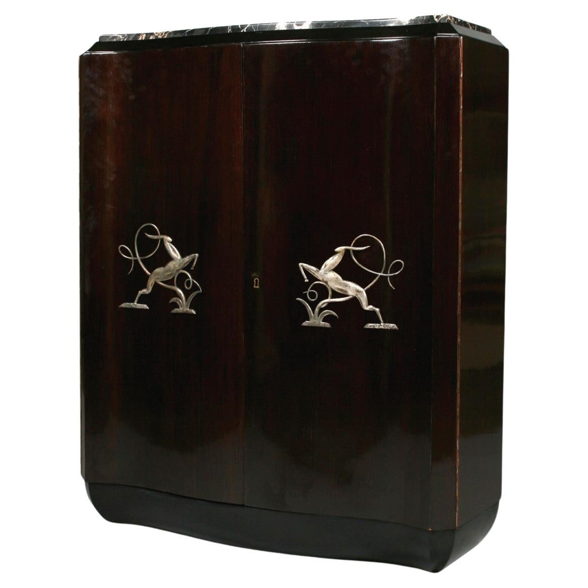 Art Deco Cabinet with Silvered Metal Gazelle Decoration For Sale