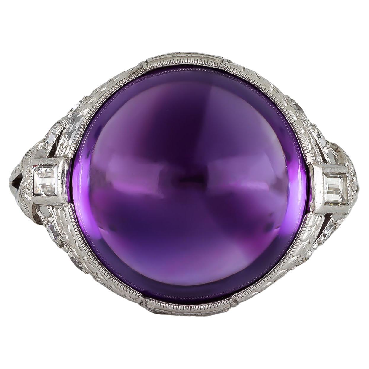 Art Deco cabochon amethyst and diamond cluster ring, circa 1920. For Sale