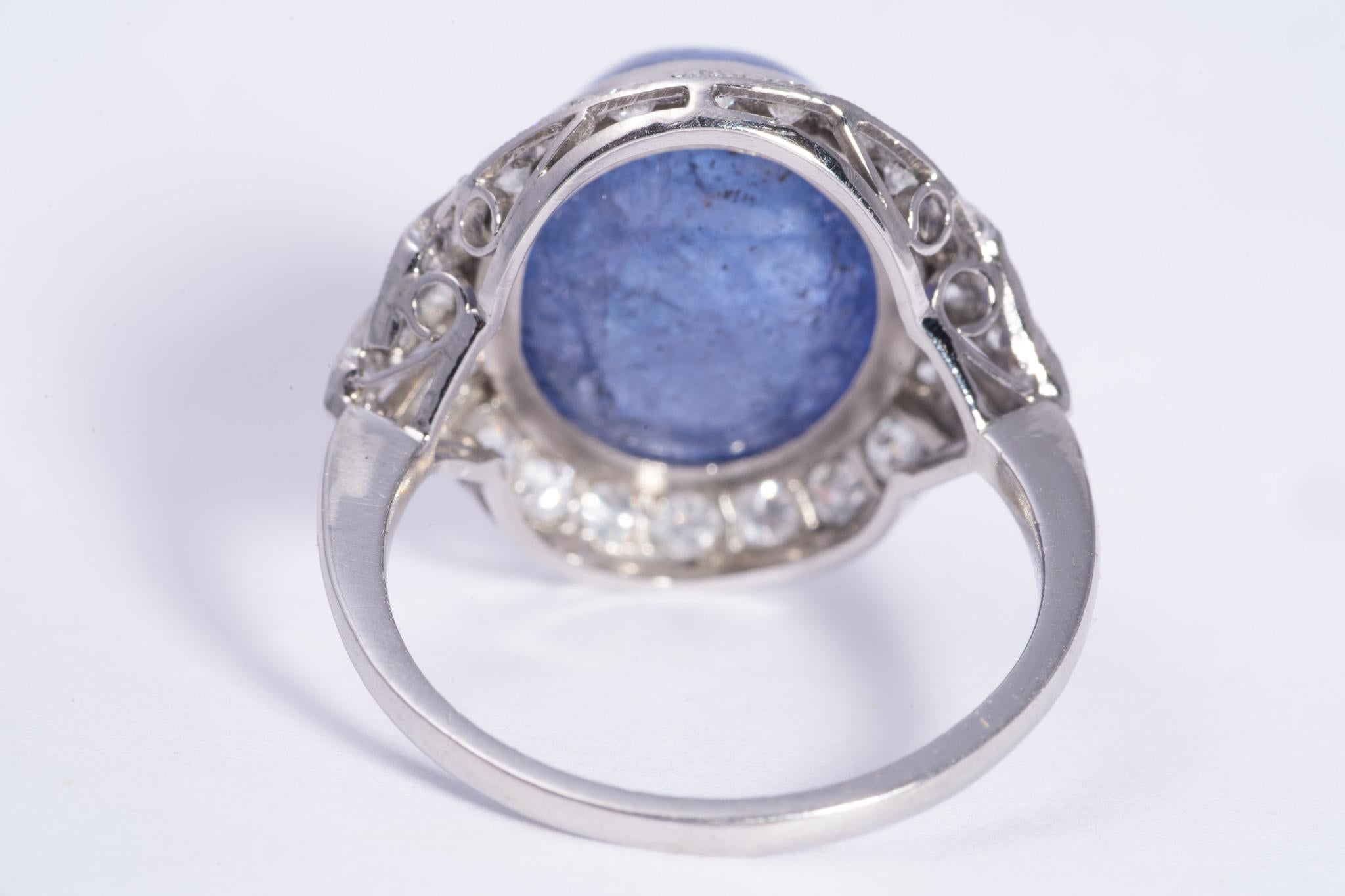 Sugarloaf Cabochon Art Deco Cabochon Blue Sapphire and Diamond Ring