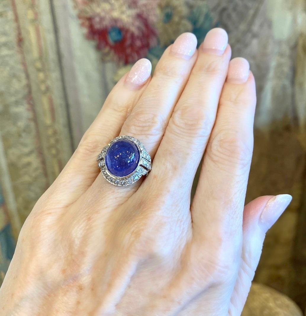 Art Deco Cabochon Blue Sapphire and Diamond Ring In Good Condition In New Orleans, LA
