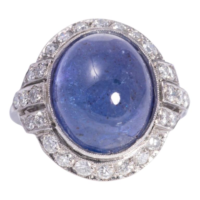 Art Deco Cabochon Blue Sapphire and Diamond Ring