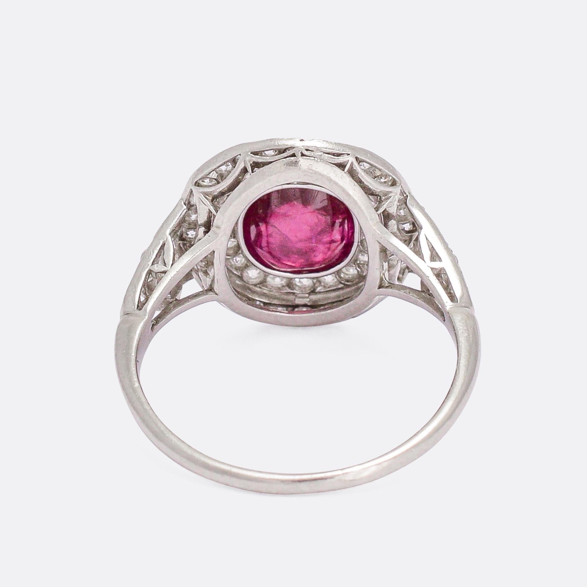 Women's Art Deco Cabochon Burma Ruby Diamond Cluster Ring