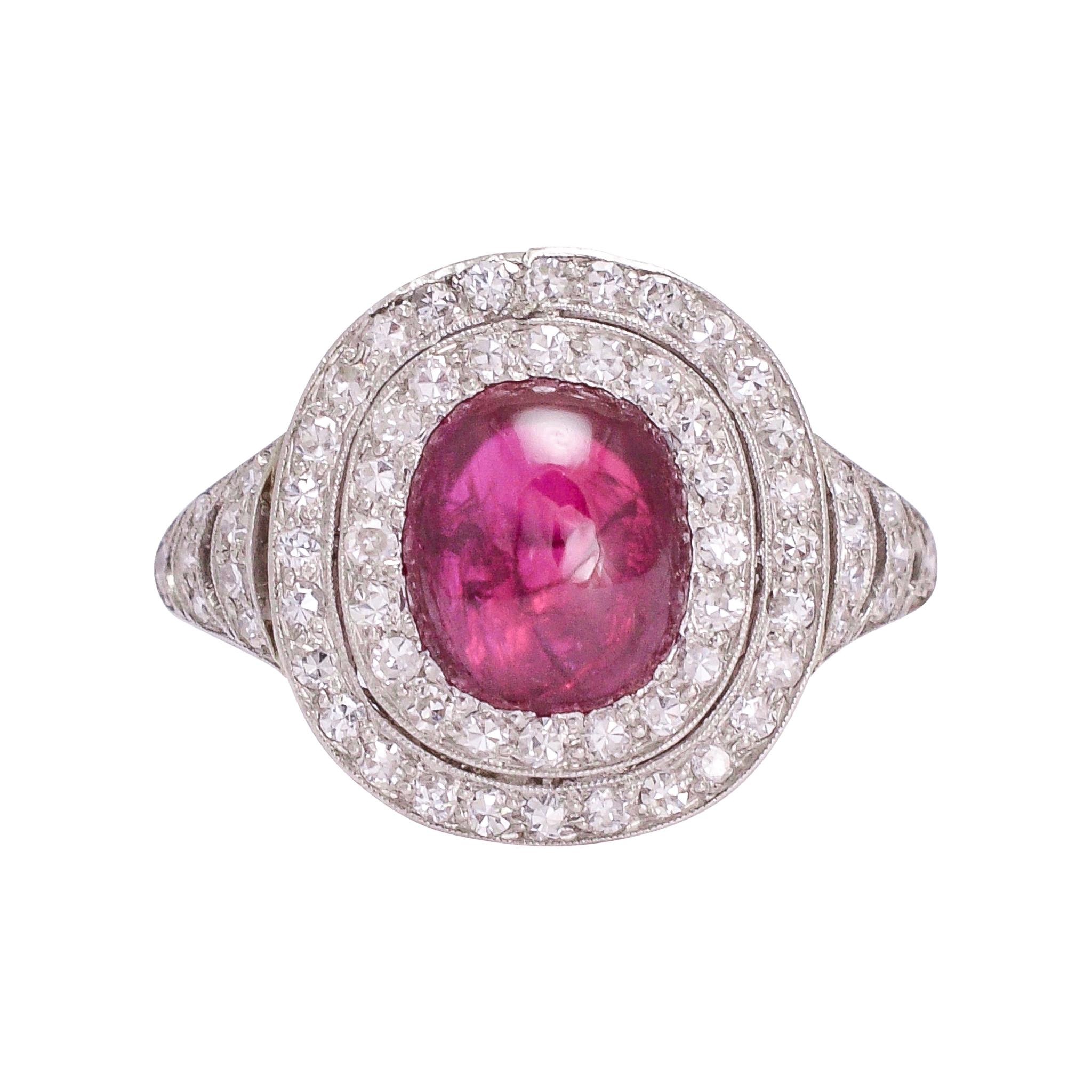 Art Deco Cabochon Burma Ruby Diamond Cluster Ring