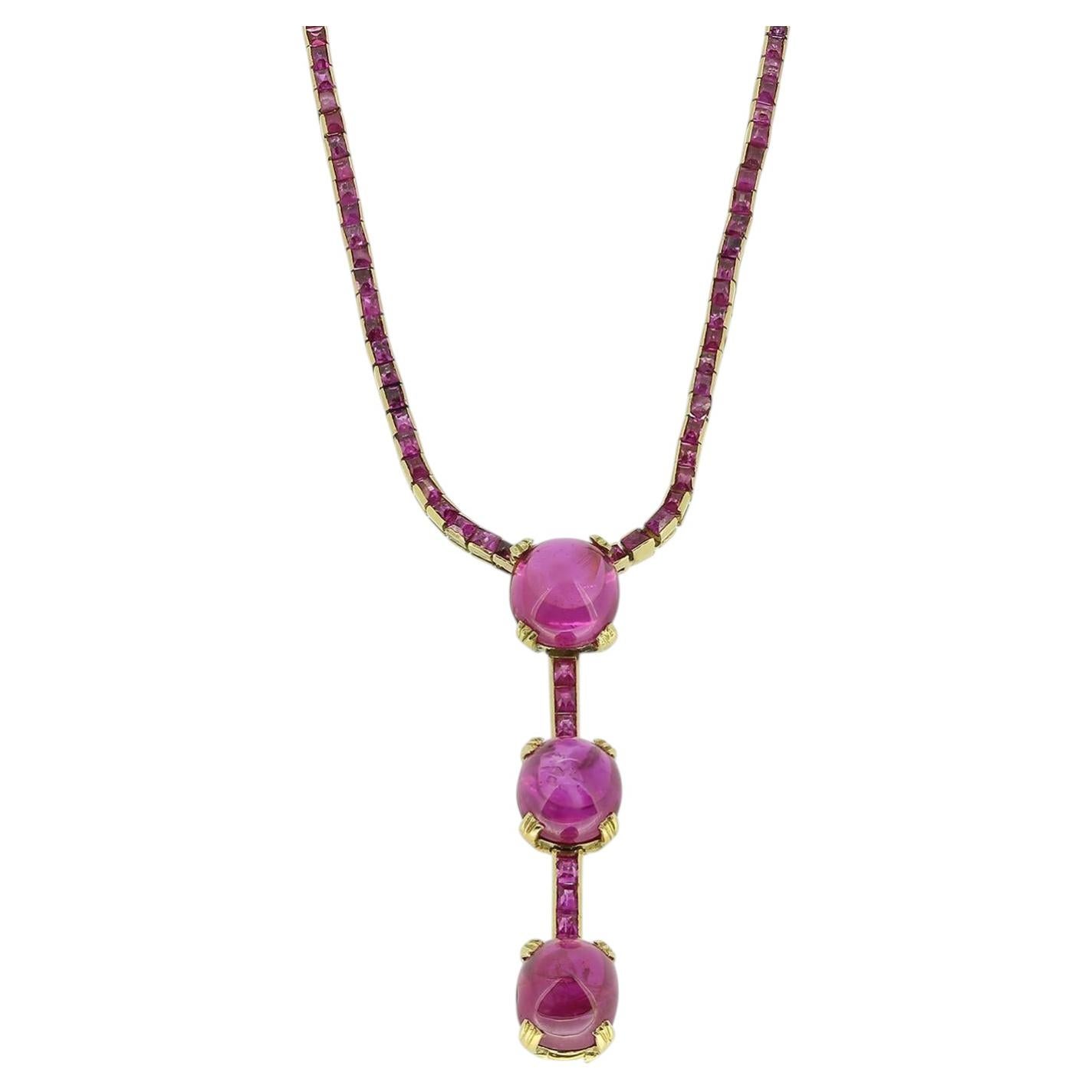 Art Deco Cabochon Burmese Ruby and Pink Sapphire Necklace