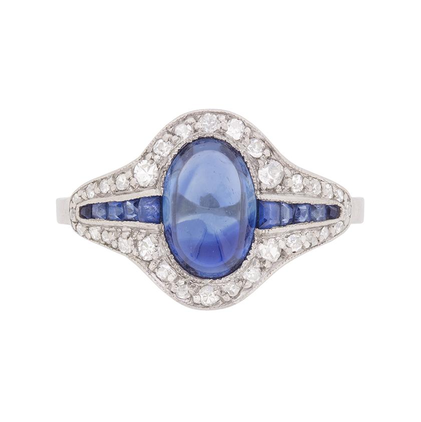 Art Deco Cabochon Cut Sapphire and Diamond Cluster Ring, circa 1920s