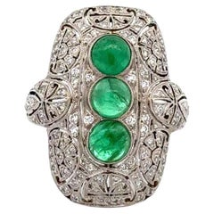 Art Deco Cabochon Emerald and Diamond Platinum Statement Vintage Dome Ring