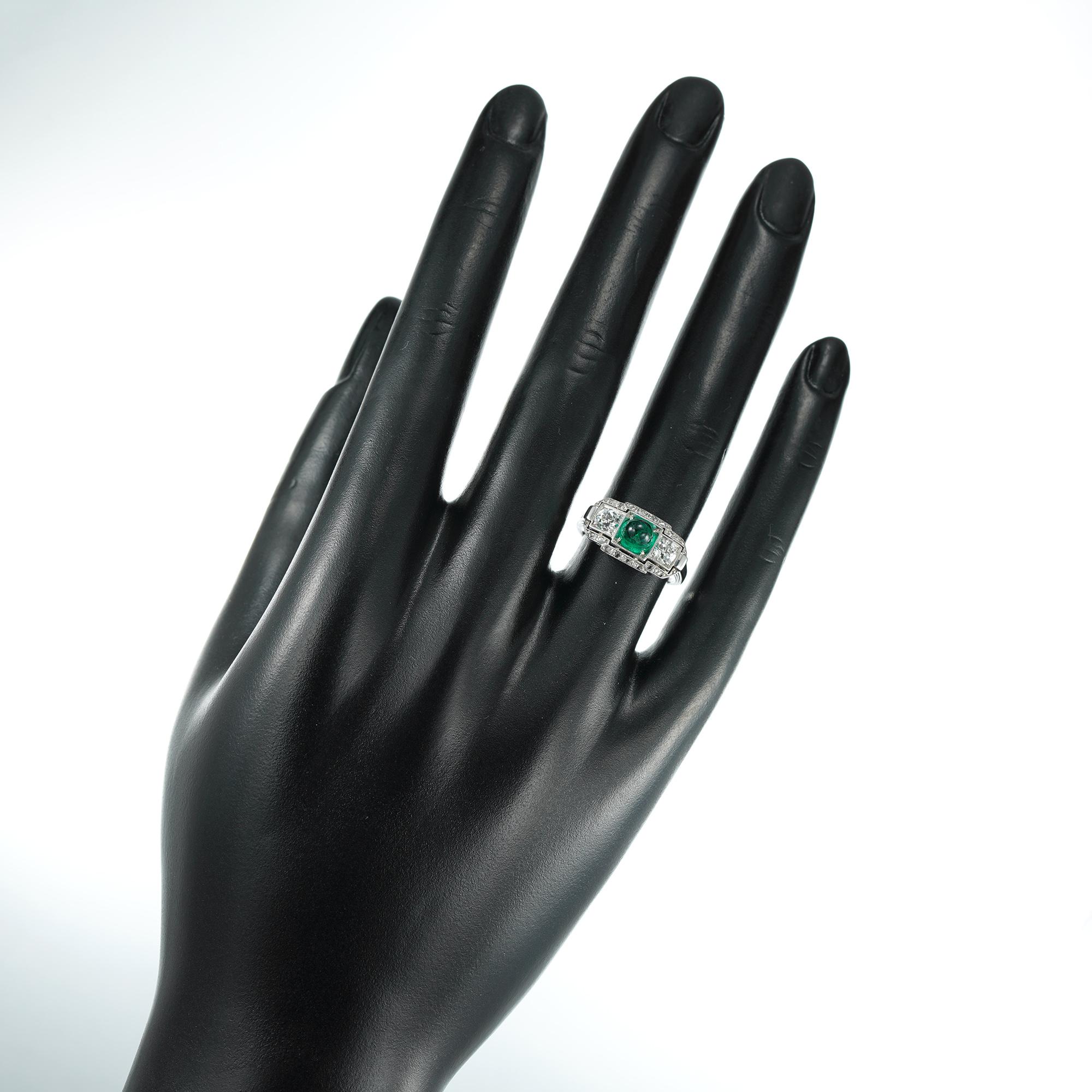 Women's or Men's Art Deco Cabochon Emerald and Diamond Ring