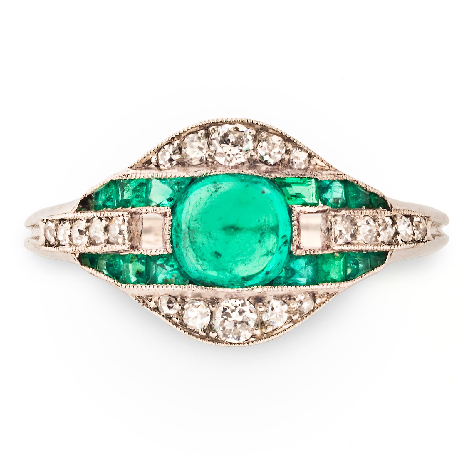 Women's Art Deco Cabochon Emerald and Diamond Ring For Sale