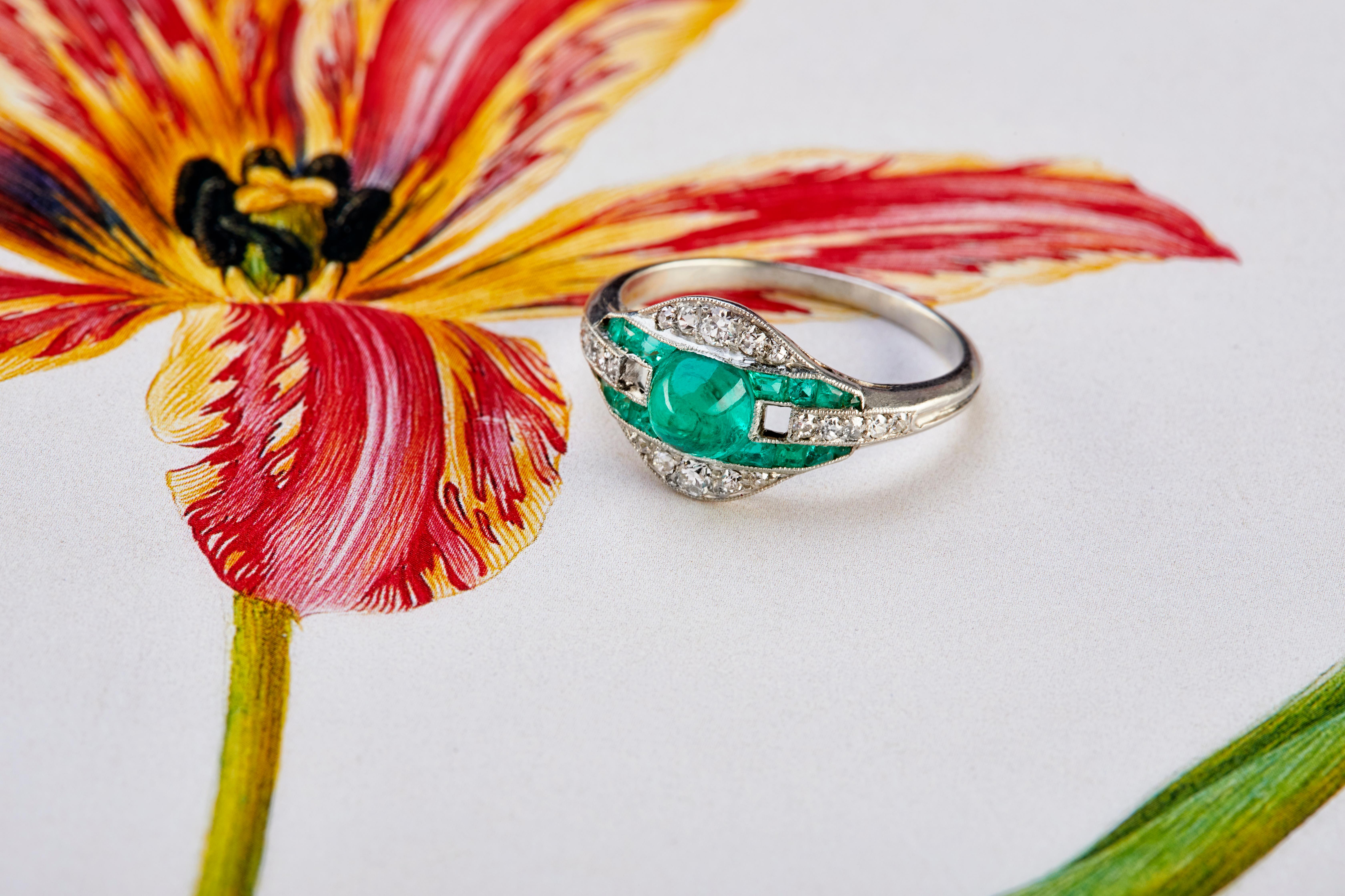 Women's Art Deco Cabochon Emerald and Diamond Ring For Sale