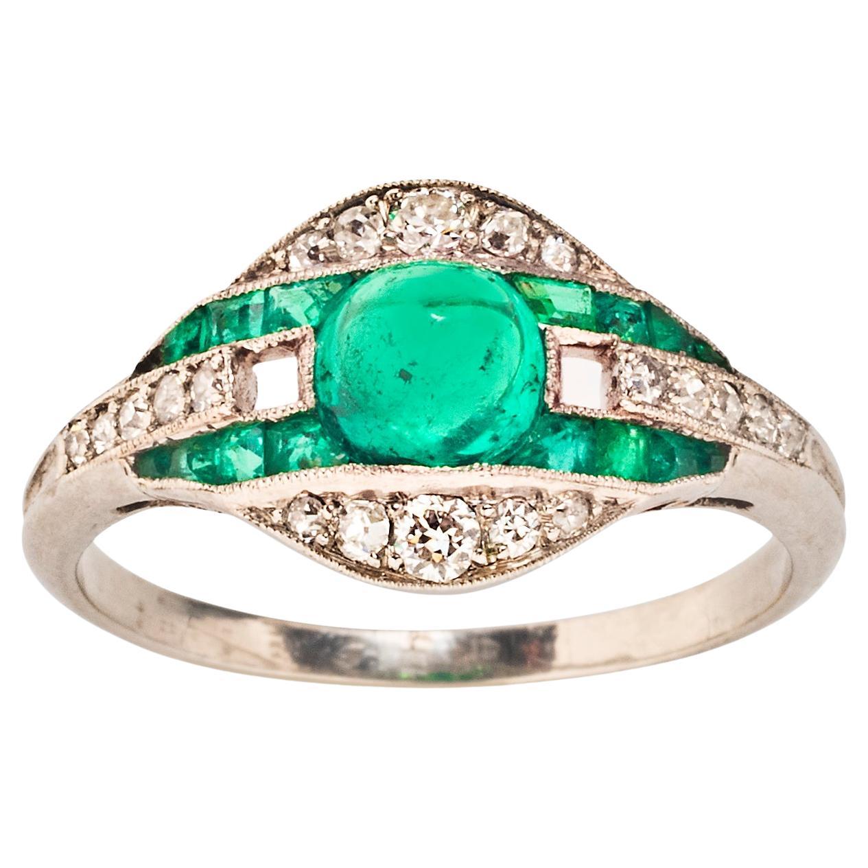 Art Deco Cabochon Emerald and Diamond Ring For Sale