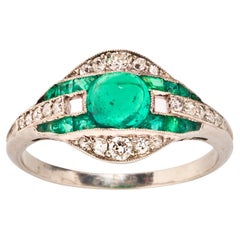 Vintage Art Deco Cabochon Emerald and Diamond Ring