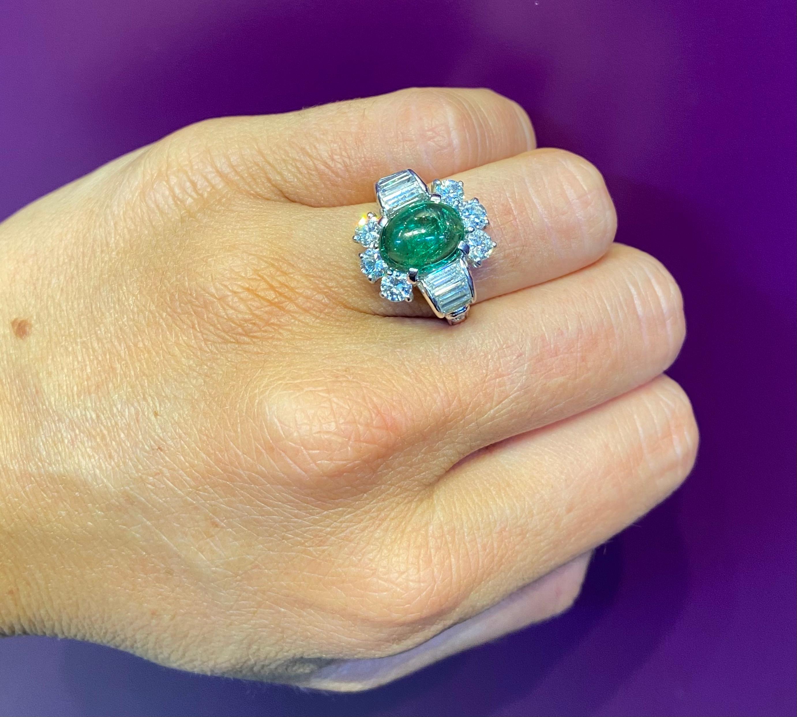 Art Deco Cabochon Emerald & Diamond Ring For Sale 2
