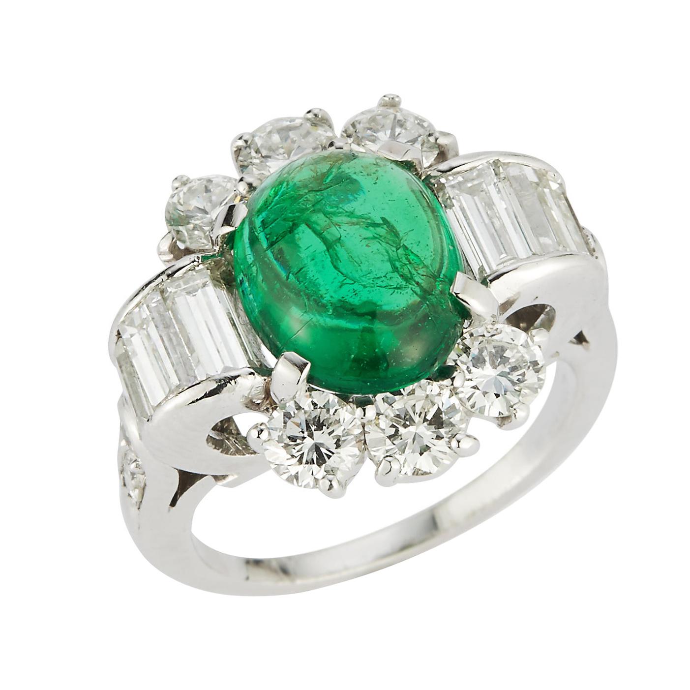 Art Deco Cabochon Emerald & Diamond Ring For Sale