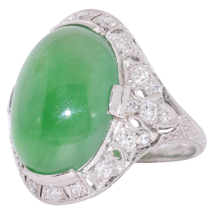 Art Deco Cabochon Jade and Diamond Ring, circa 1920s