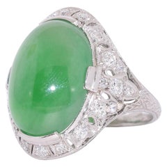 Antique Art Deco Cabochon Jade and Diamond Ring, circa 1920s