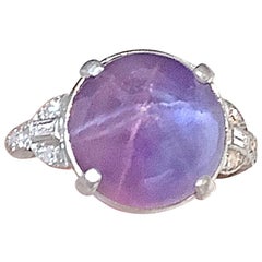 Art Deco Cabochon Lavendar Star Sapphire and Diamond Platinum Ring