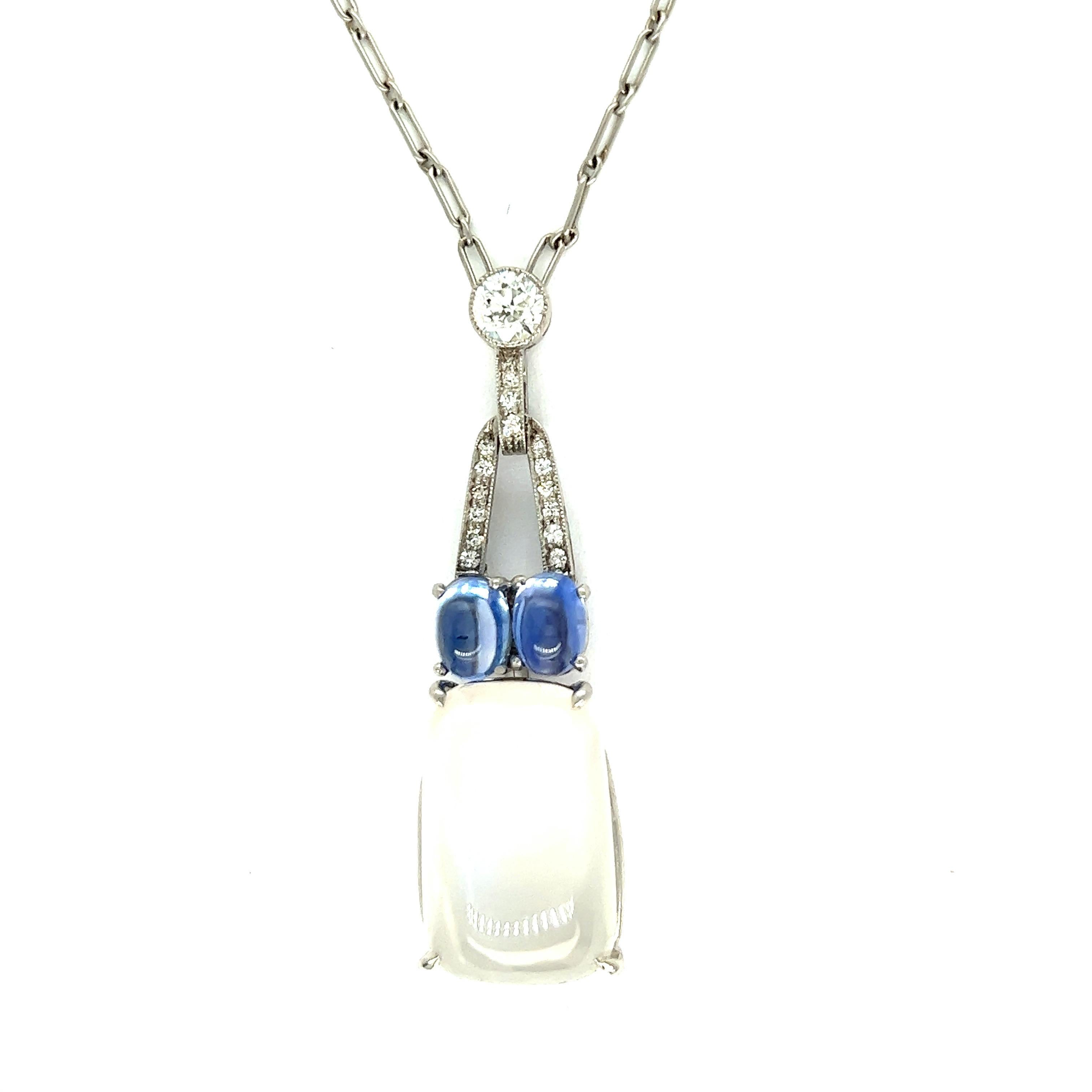 Art Deco Cabochon Moonstone Sapphire Pendant Necklace

Cabochon moonstone 17.5 x 11 x 5 mm, with two smaller cabochon sapphires, accented by single and old European-cut diamonds of approximately 0.25 carat; suspended from a fine link platinum