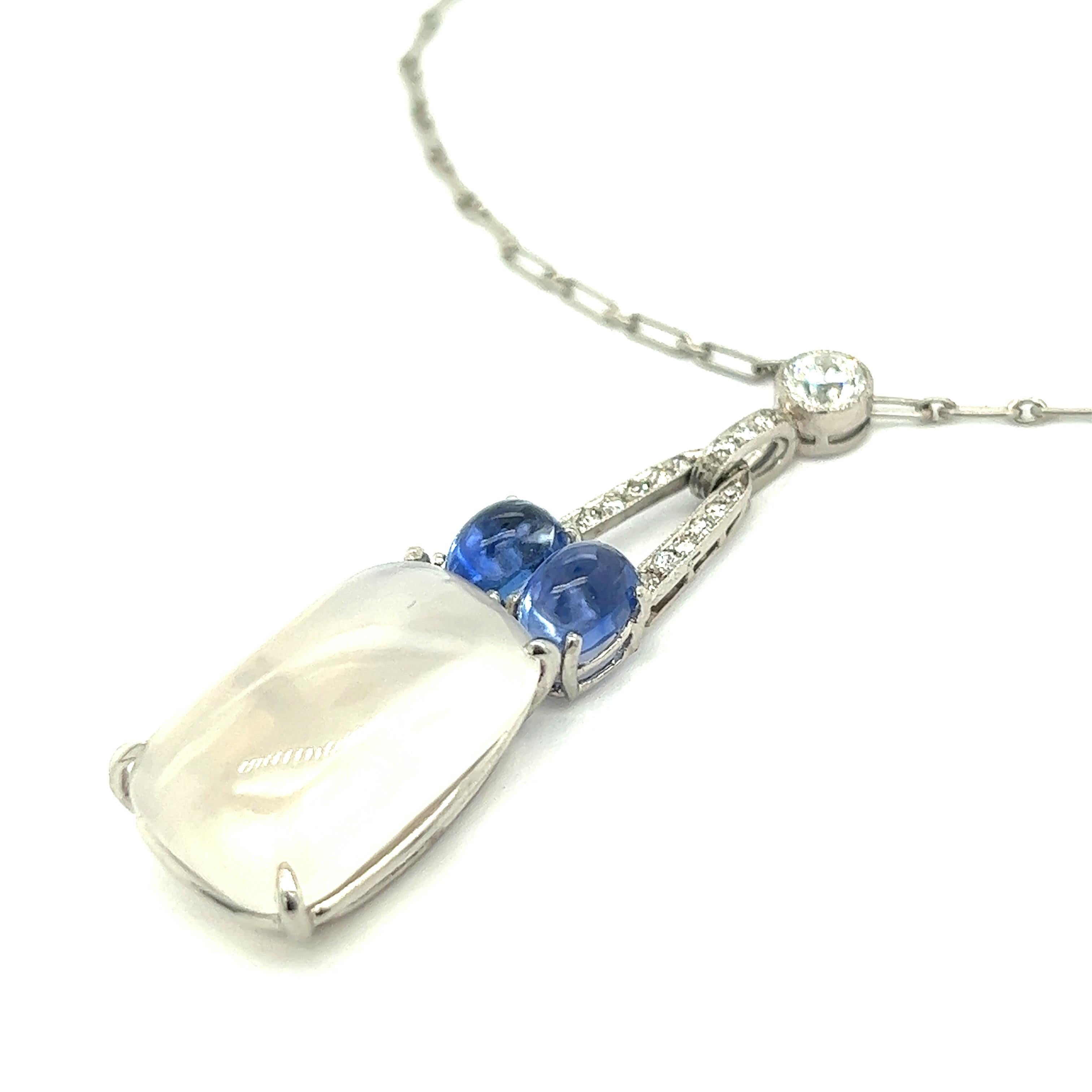 Art Deco Cabochon Moonstone Sapphire Pendant Necklace For Sale 1
