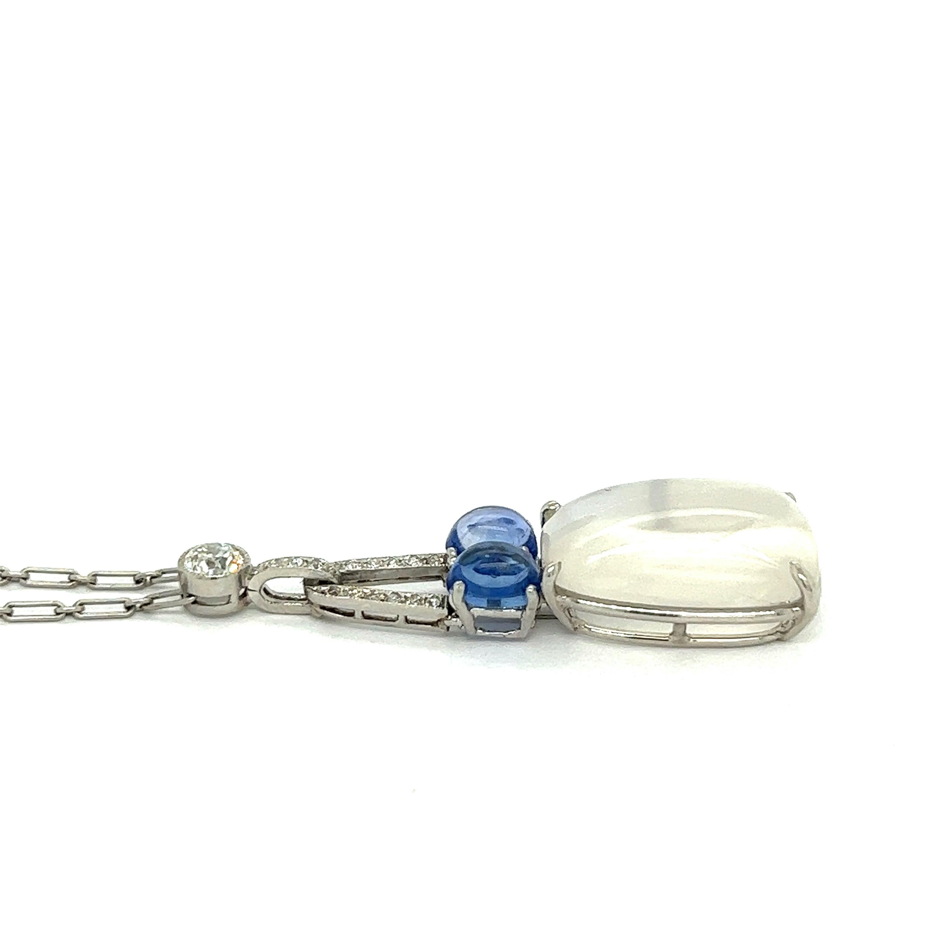 Art Deco Cabochon Moonstone Sapphire Pendant Necklace For Sale 2