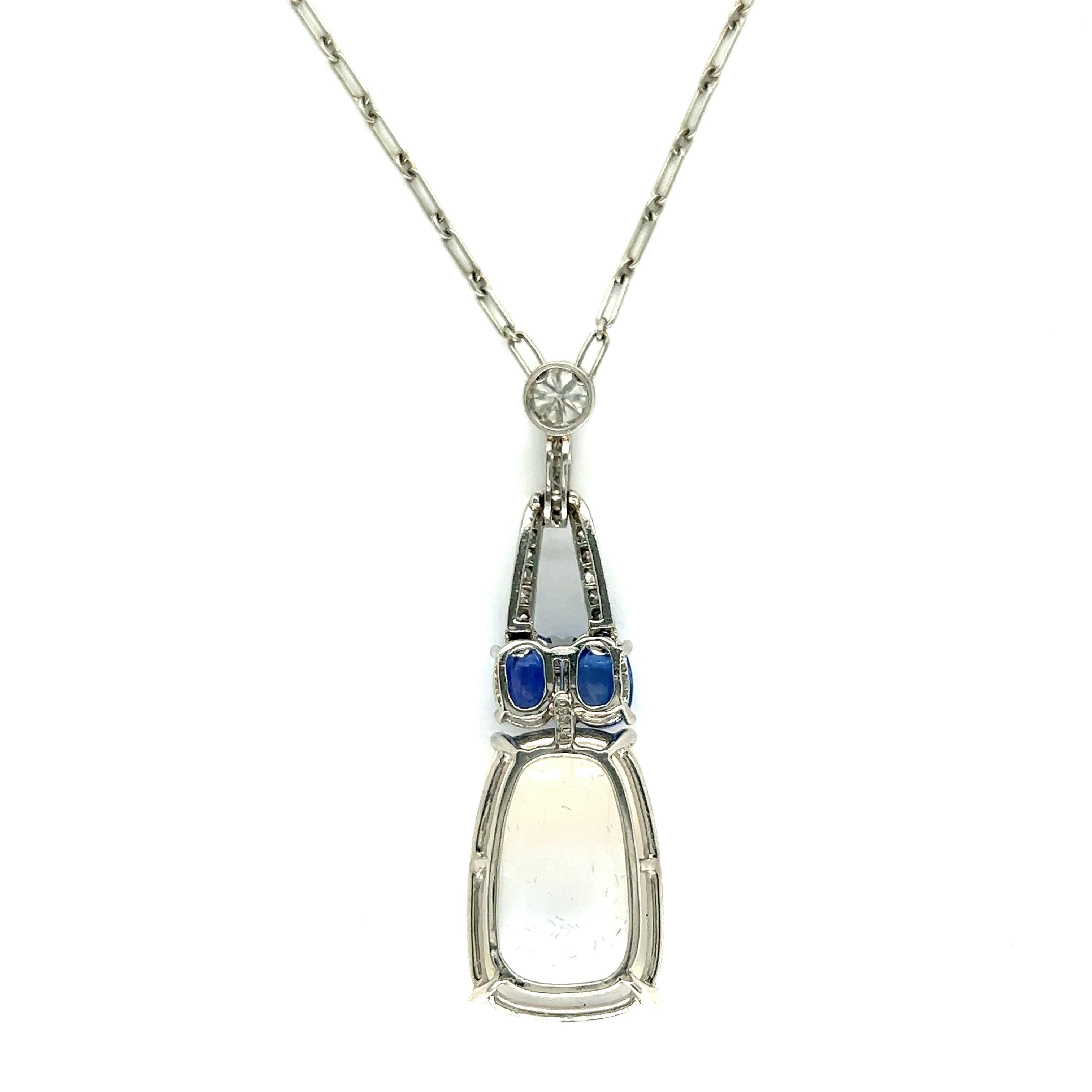 Art Deco Cabochon Moonstone Sapphire Pendant Necklace For Sale 3
