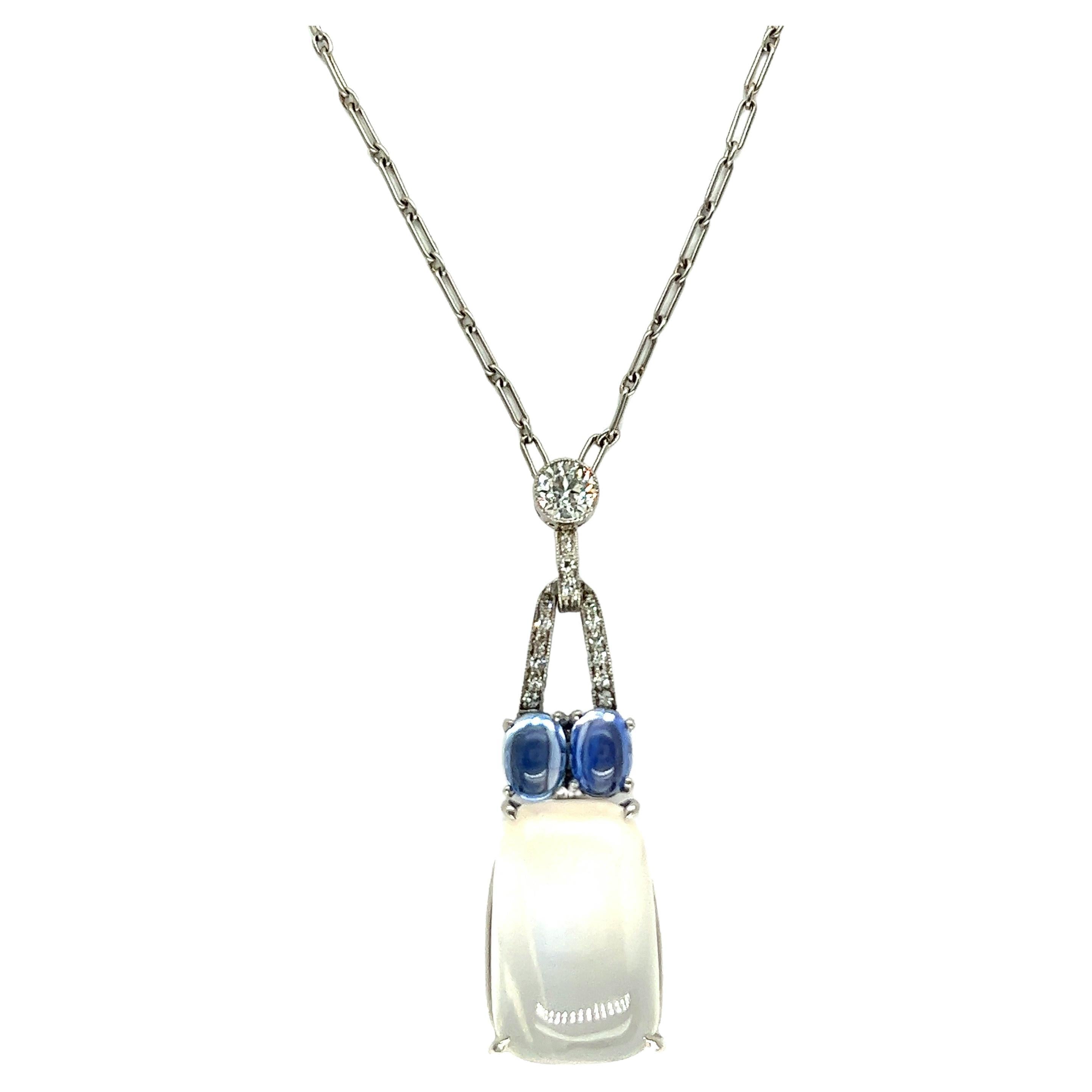 Art Deco Cabochon Moonstone Sapphire Pendant Necklace For Sale
