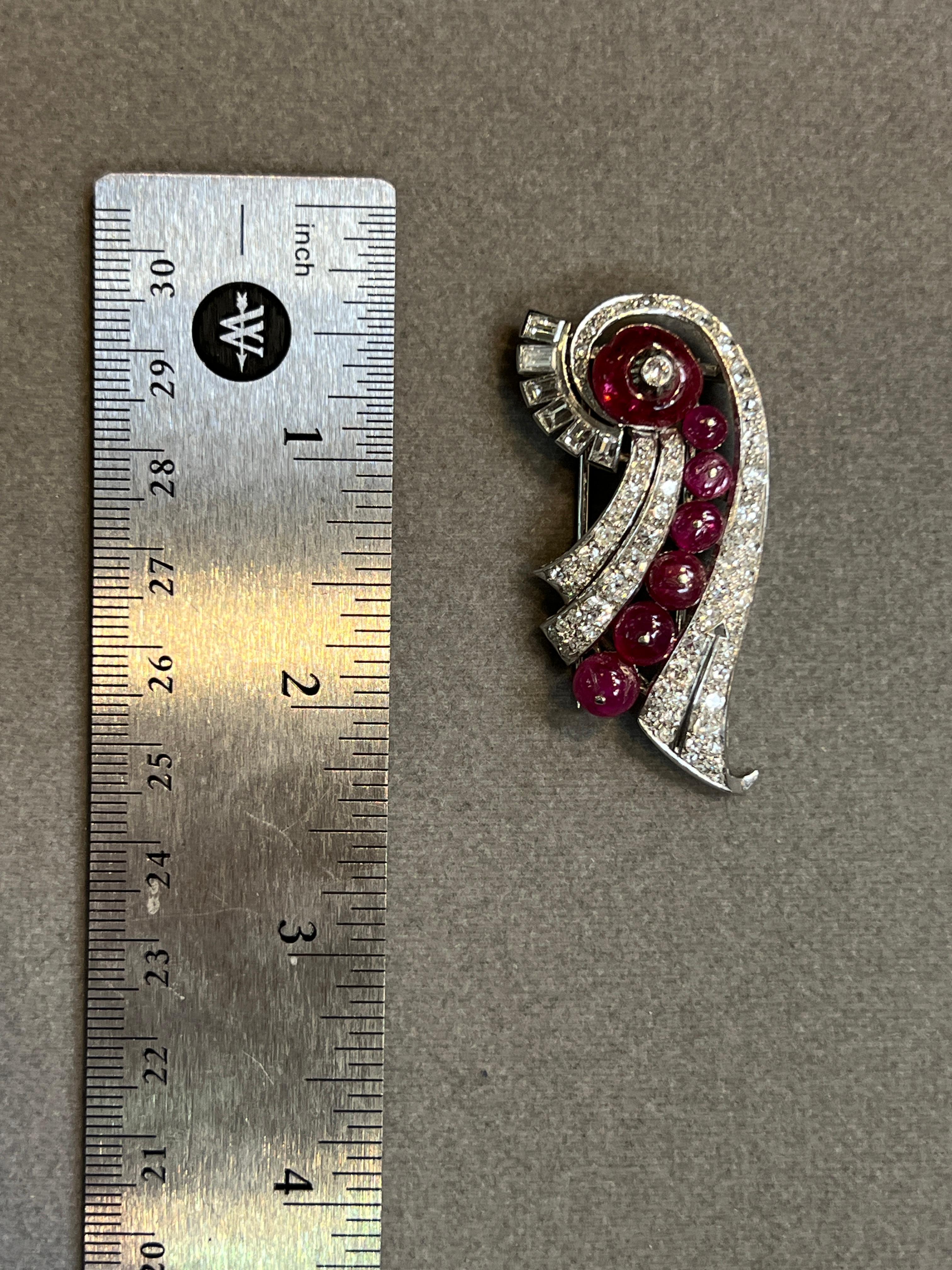 Mixed Cut Art Deco Cabochon Ruby and Diamond Brooch For Sale