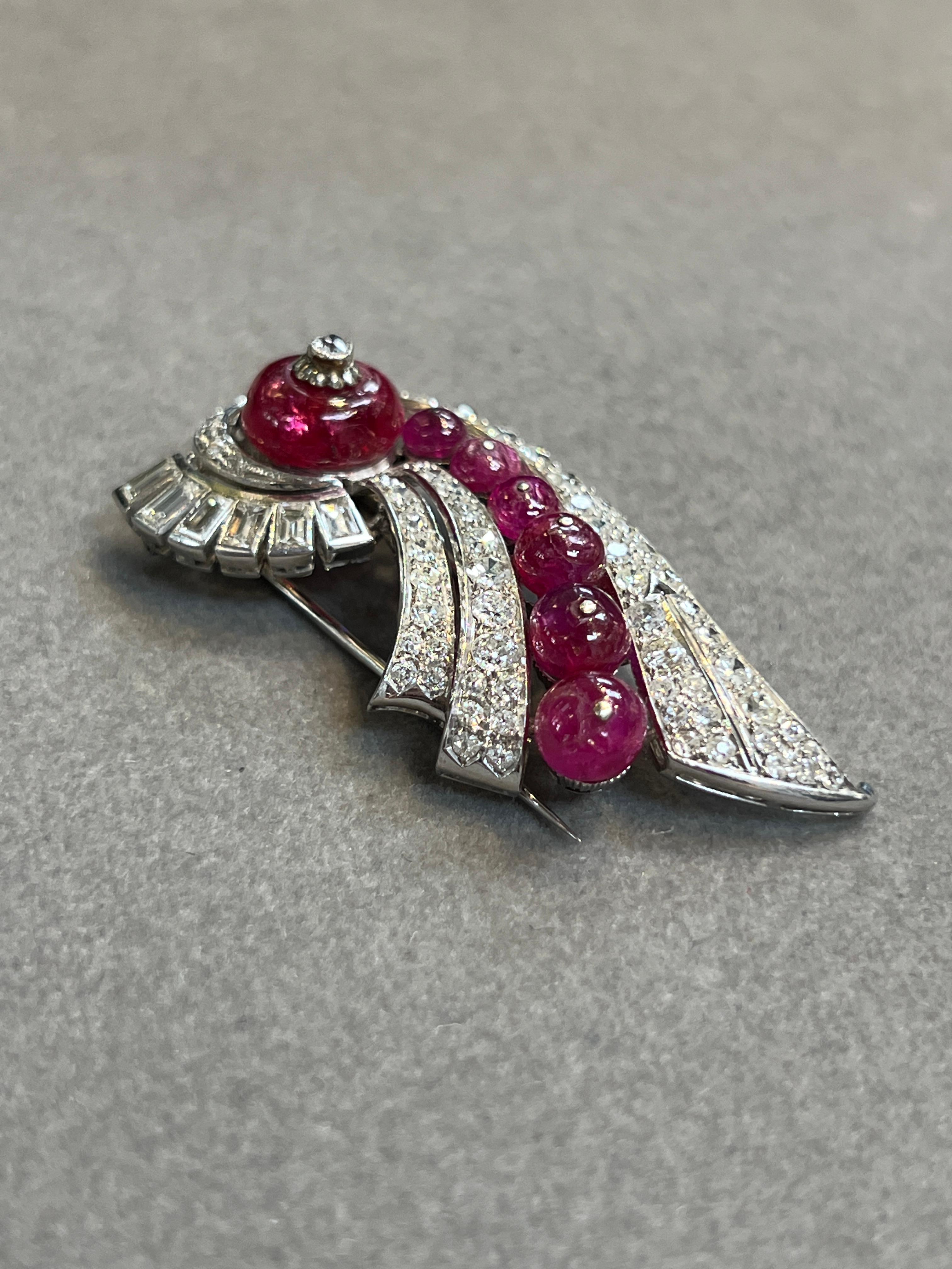 Women's or Men's Art Deco Cabochon Ruby and Diamond Brooch For Sale