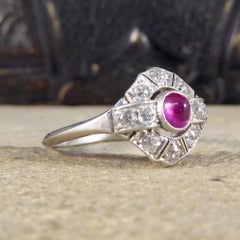 Art Deco Cabochon Ruby and Diamond Ring in Platinum