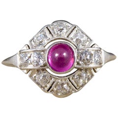 Antique Art Deco Cabochon Ruby and Diamond Ring in Platinum