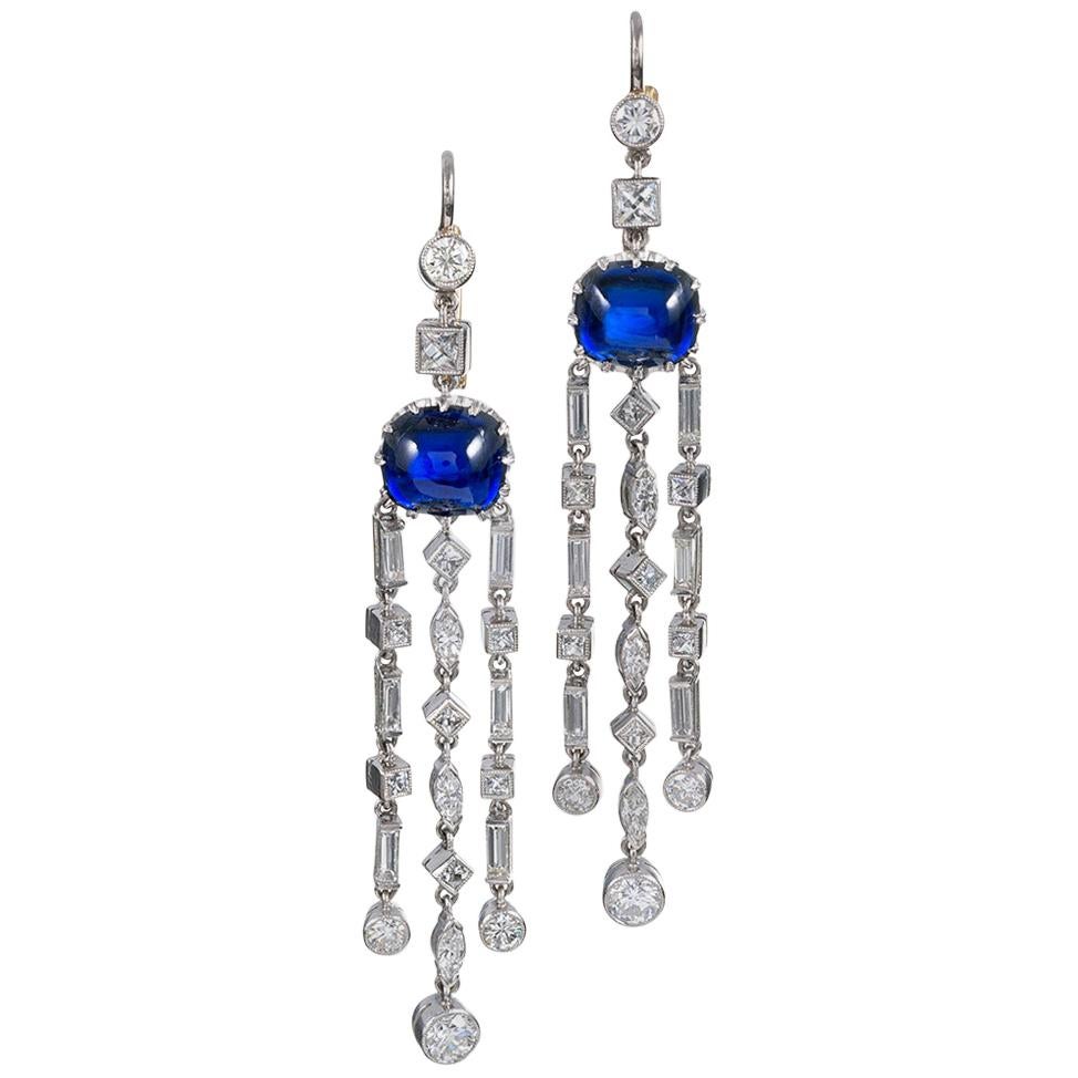 Art Deco Cabochon Sapphire and Diamond Cascade Earrings