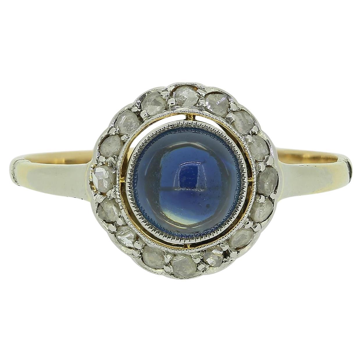 Art Deco Cabochon Sapphire and Diamond Cluster Ring For Sale