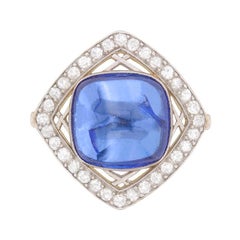 Antique Art Deco Cabochon Sapphire and Diamond Dress Ring, circa 1920s
