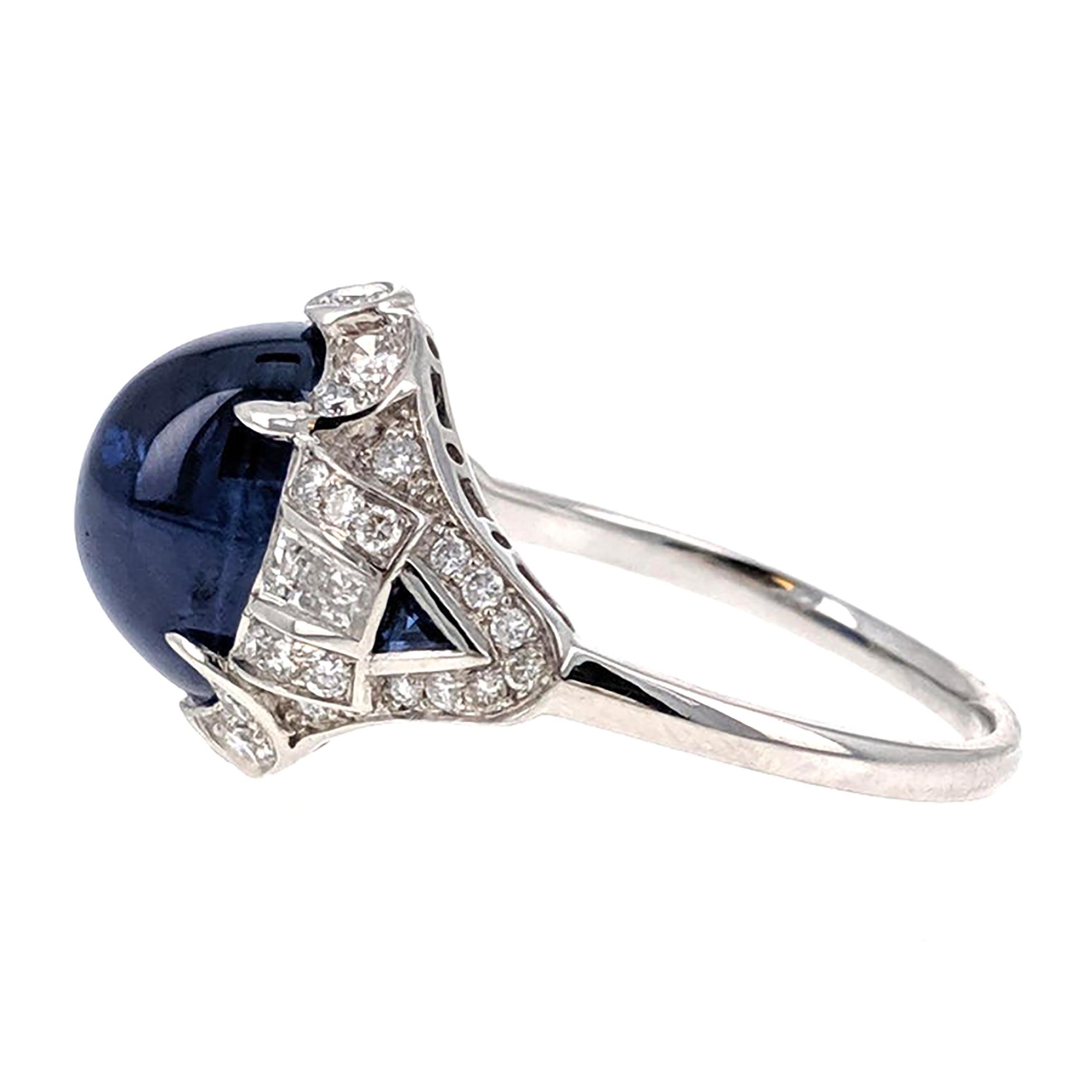 Round Cut Art Deco Cabochon Sapphire and Diamond Ring