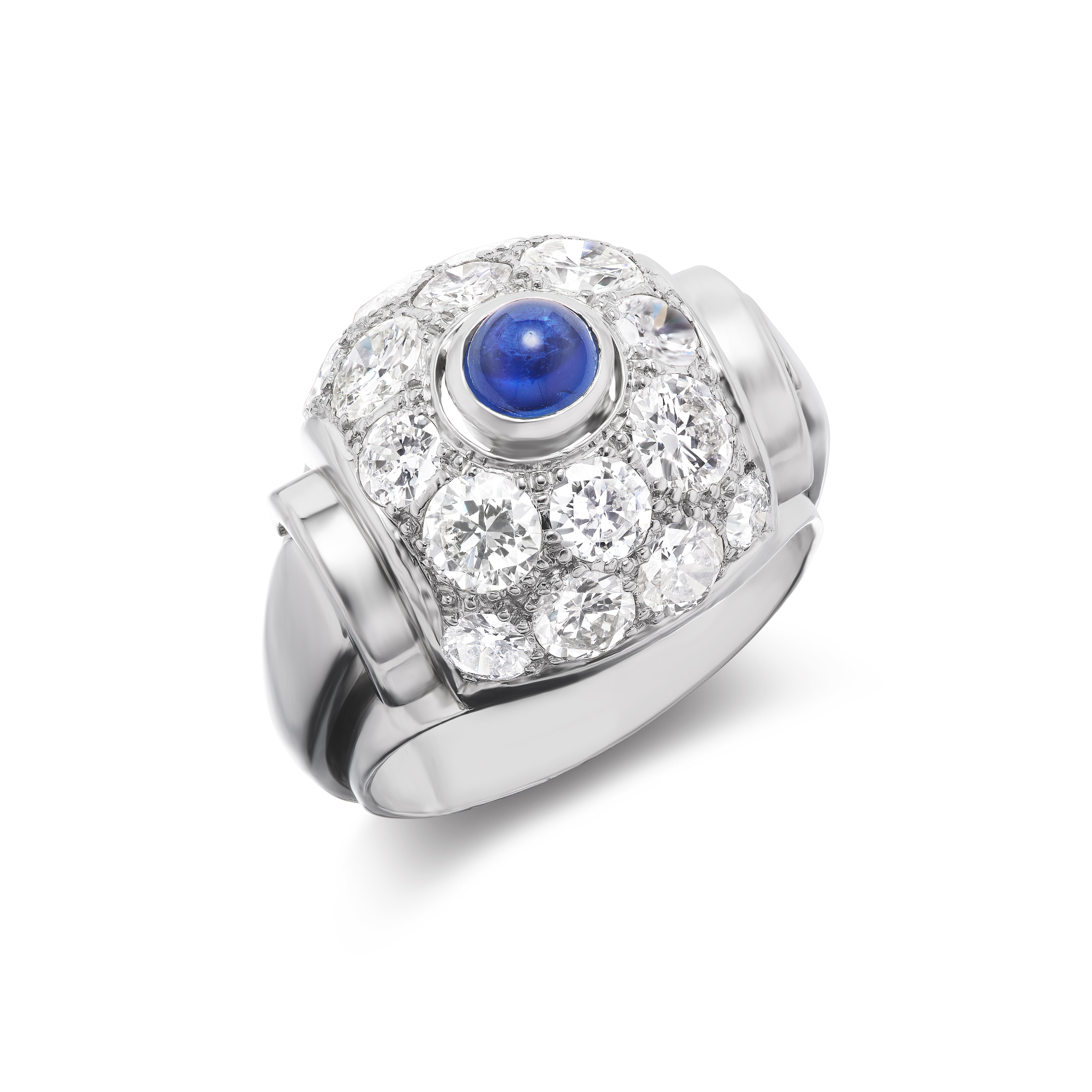 Art Deco Cabochon Sapphire and Diamond Ring In Good Condition For Sale In New York, NY