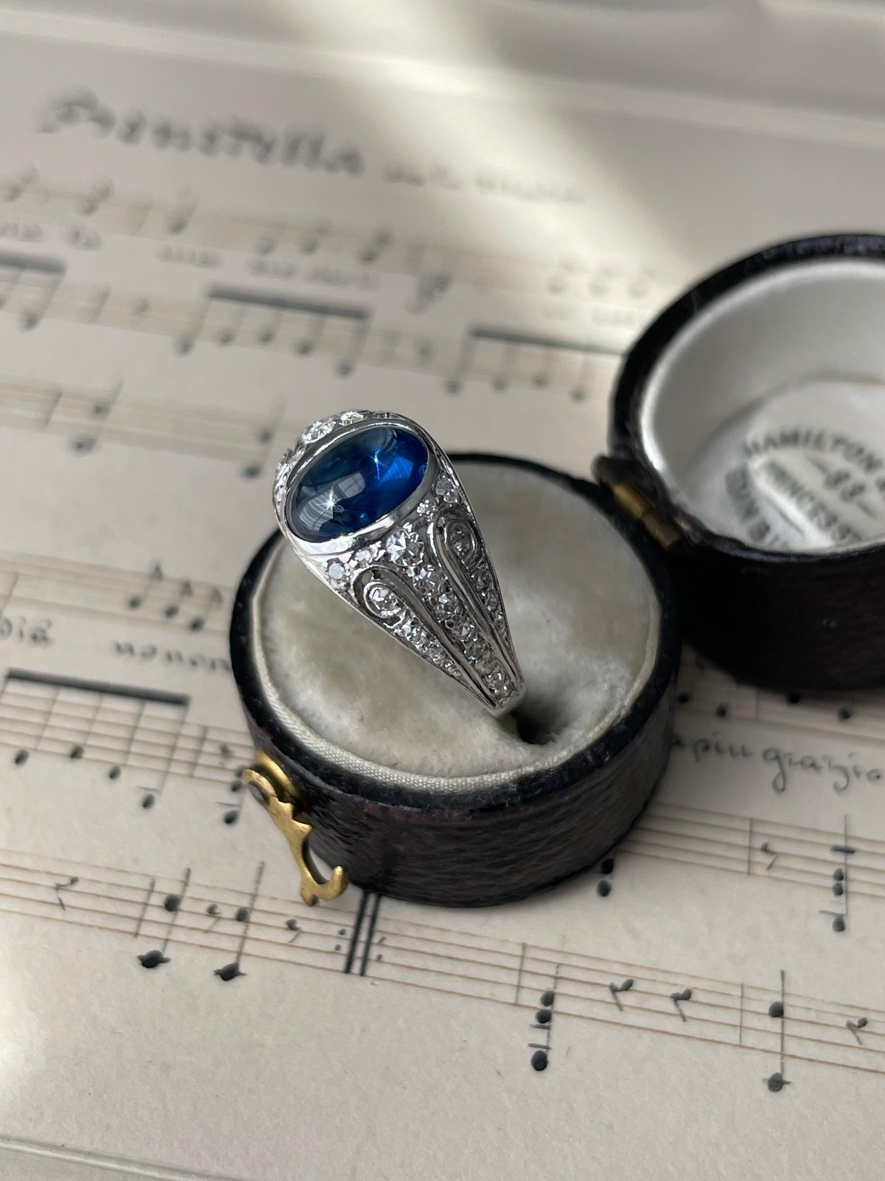 Women's Art Deco Cabochon Sapphire and Diamond Ring For Sale