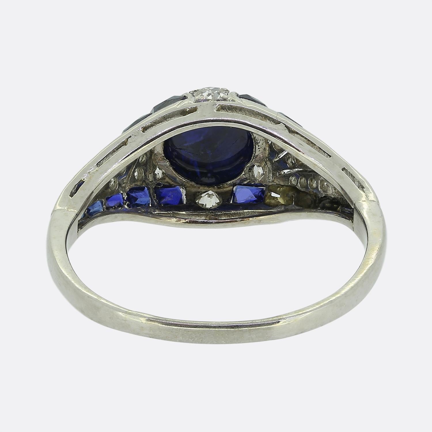 Women's or Men's Art Deco Cabochon Sapphire and Diamond Ring For Sale