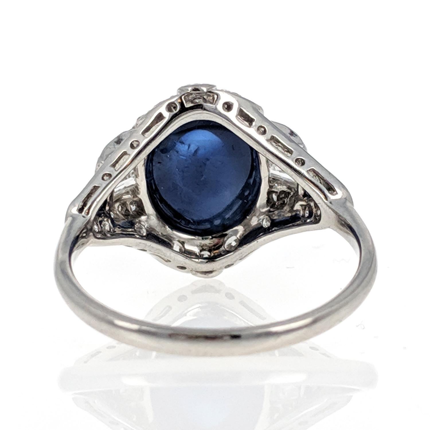 Women's or Men's Art Deco Cabochon Sapphire and Diamond Ring