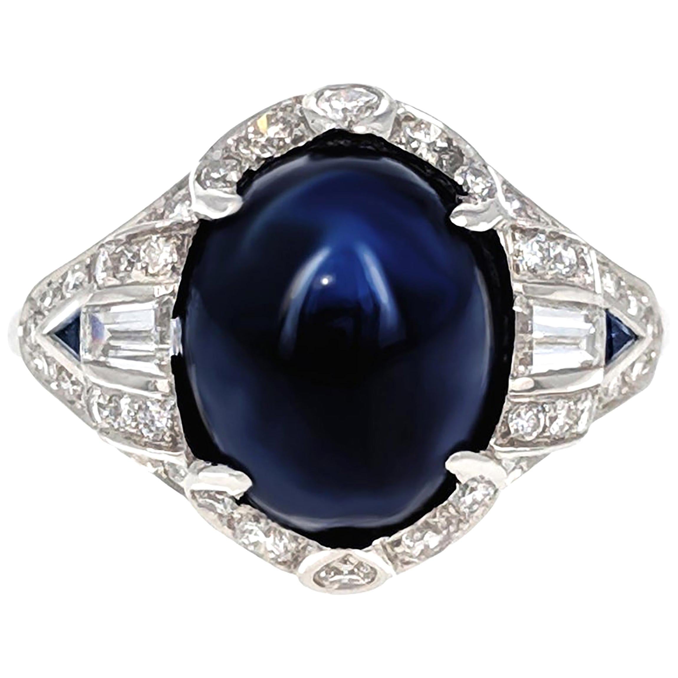 Art Deco Cabochon Sapphire and Diamond Ring
