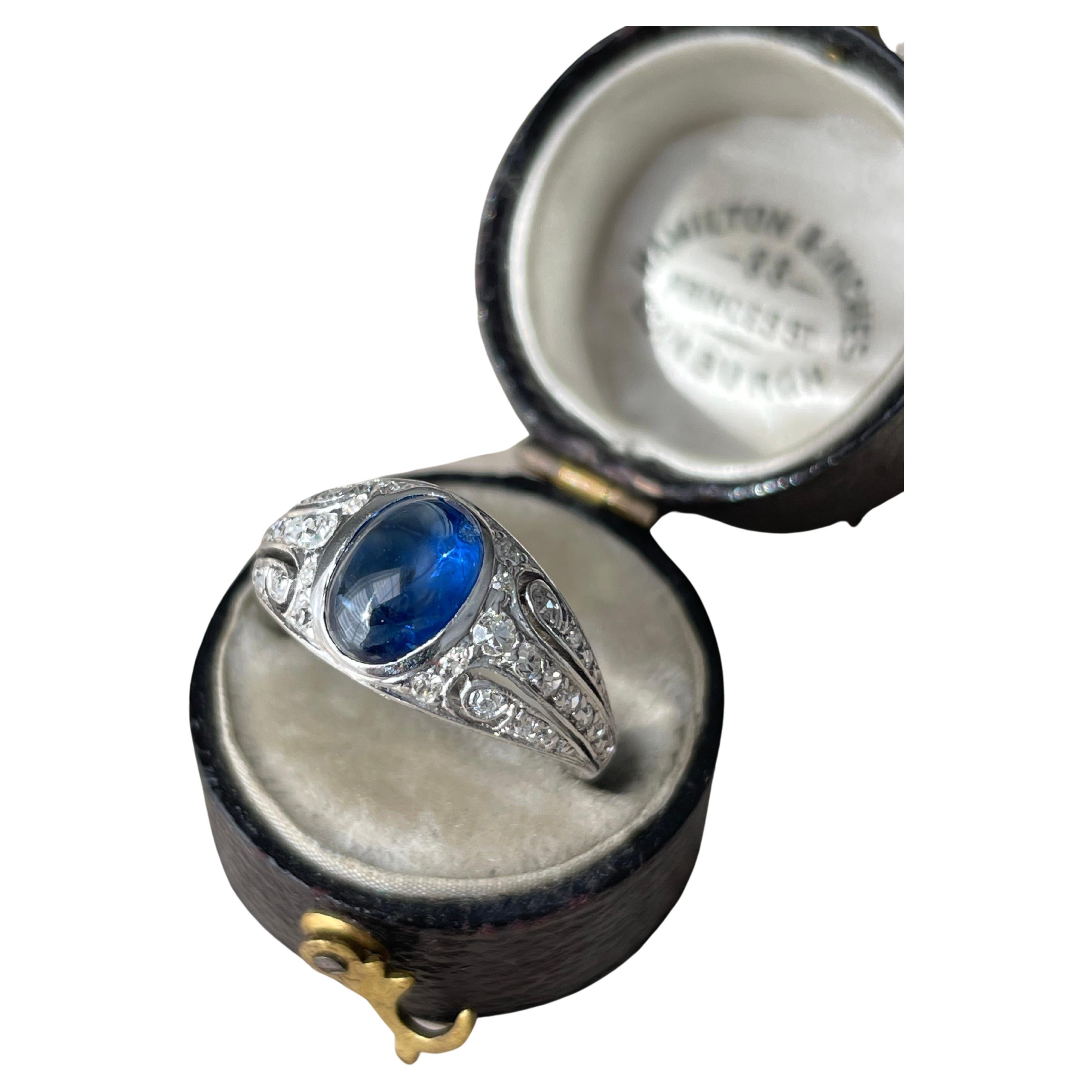 Art Deco Cabochon Sapphire and Diamond Ring For Sale