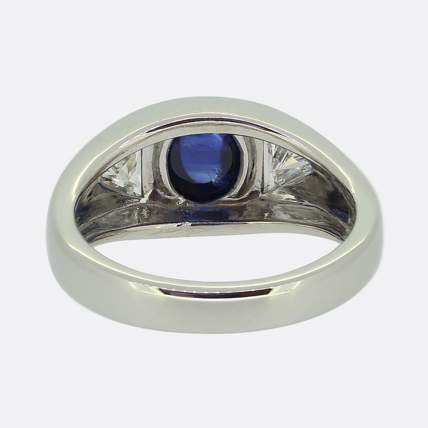 Women's or Men's Art Deco Cabochon Sapphire and Diamond Three Stone Ring