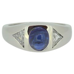Art Deco Cabochon Sapphire and Diamond Three Stone Ring