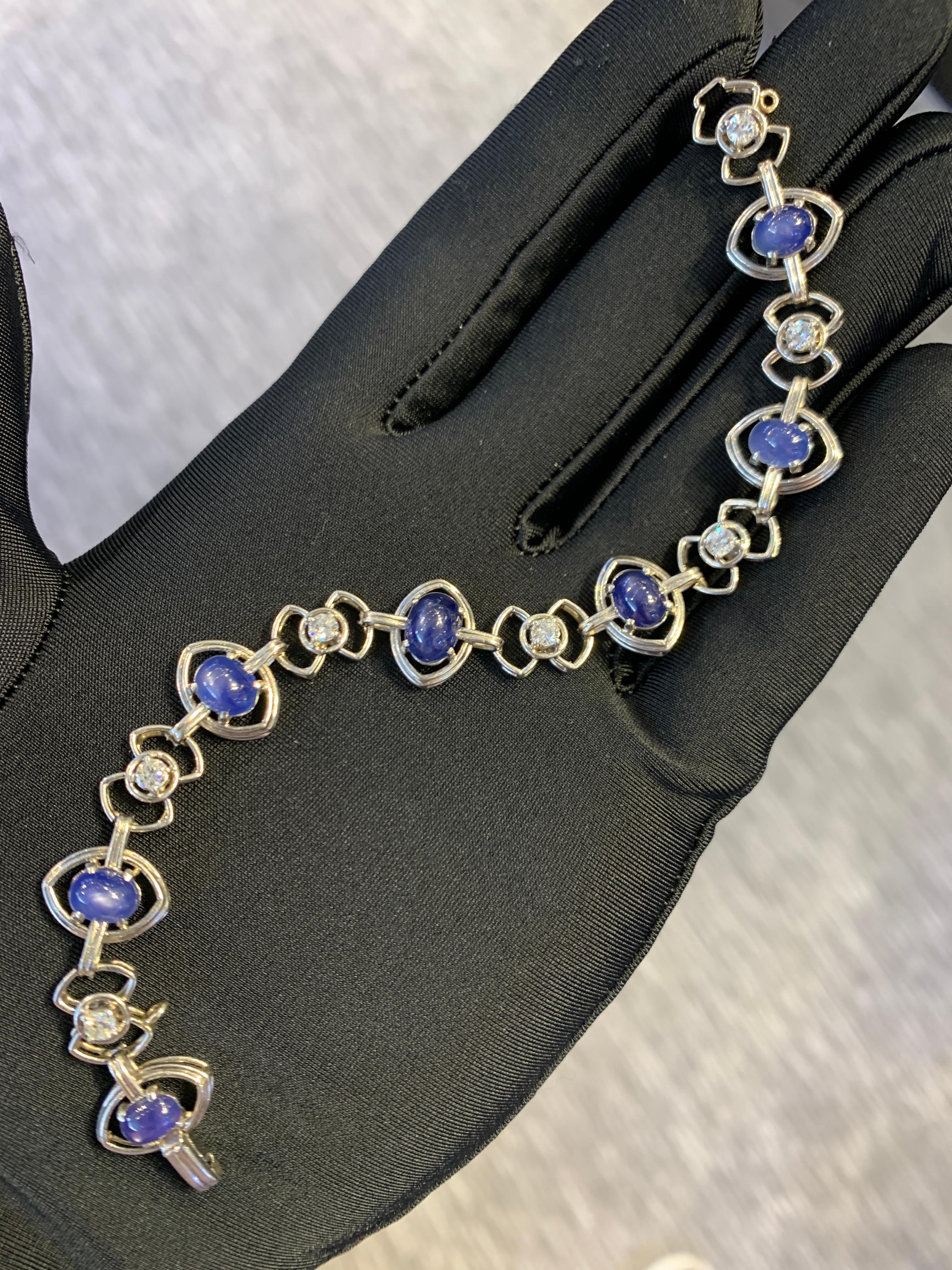 Women's Art Deco Cabochon Sapphire & Diamond Bracelet  For Sale