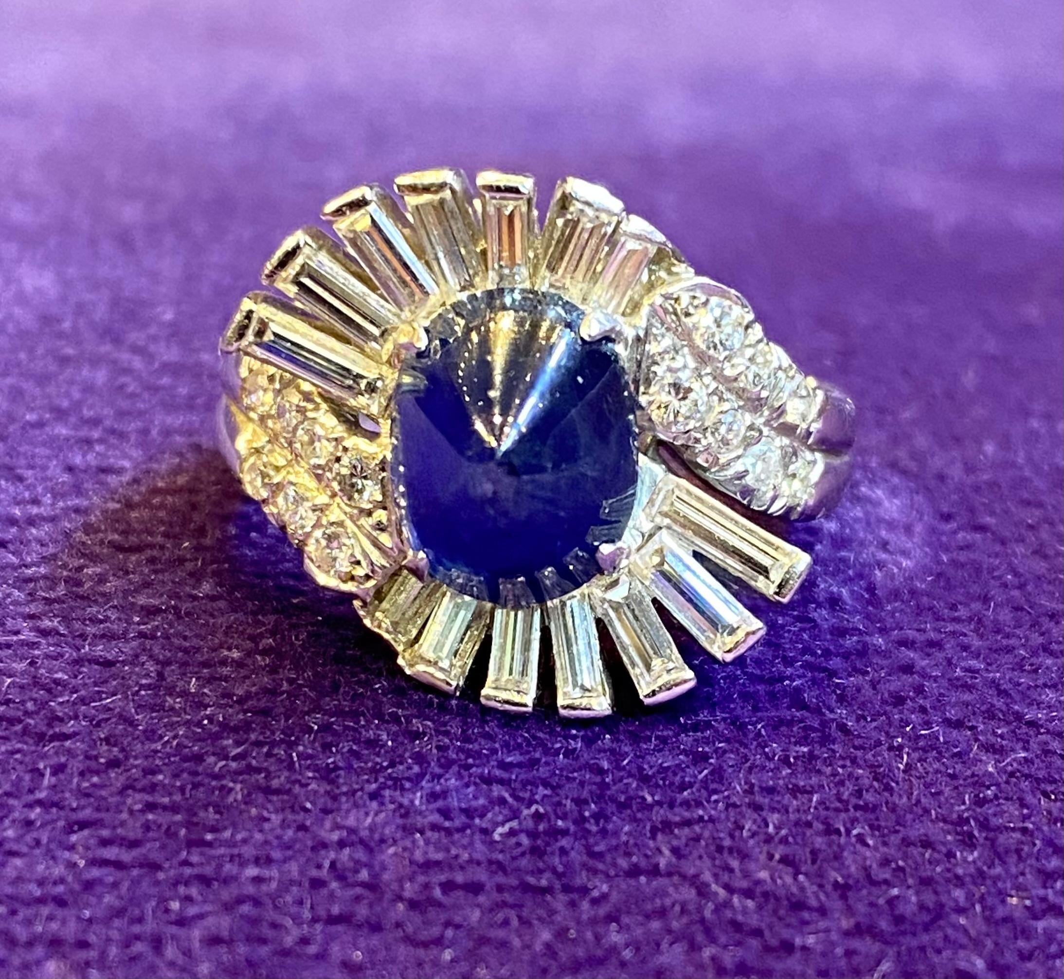 Art Deco Style Cabochon Sapphire & Diamond Cocktail Ring In Excellent Condition For Sale In New York, NY
