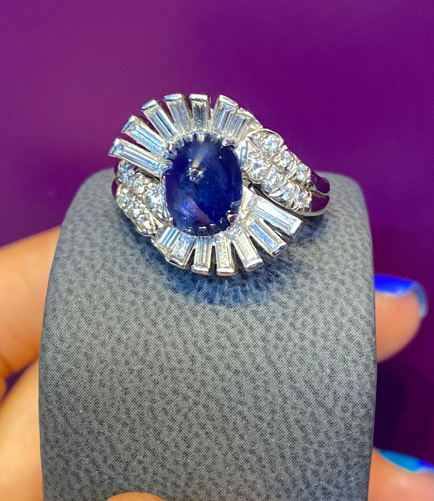 Women's Art Deco Style Cabochon Sapphire & Diamond Cocktail Ring For Sale