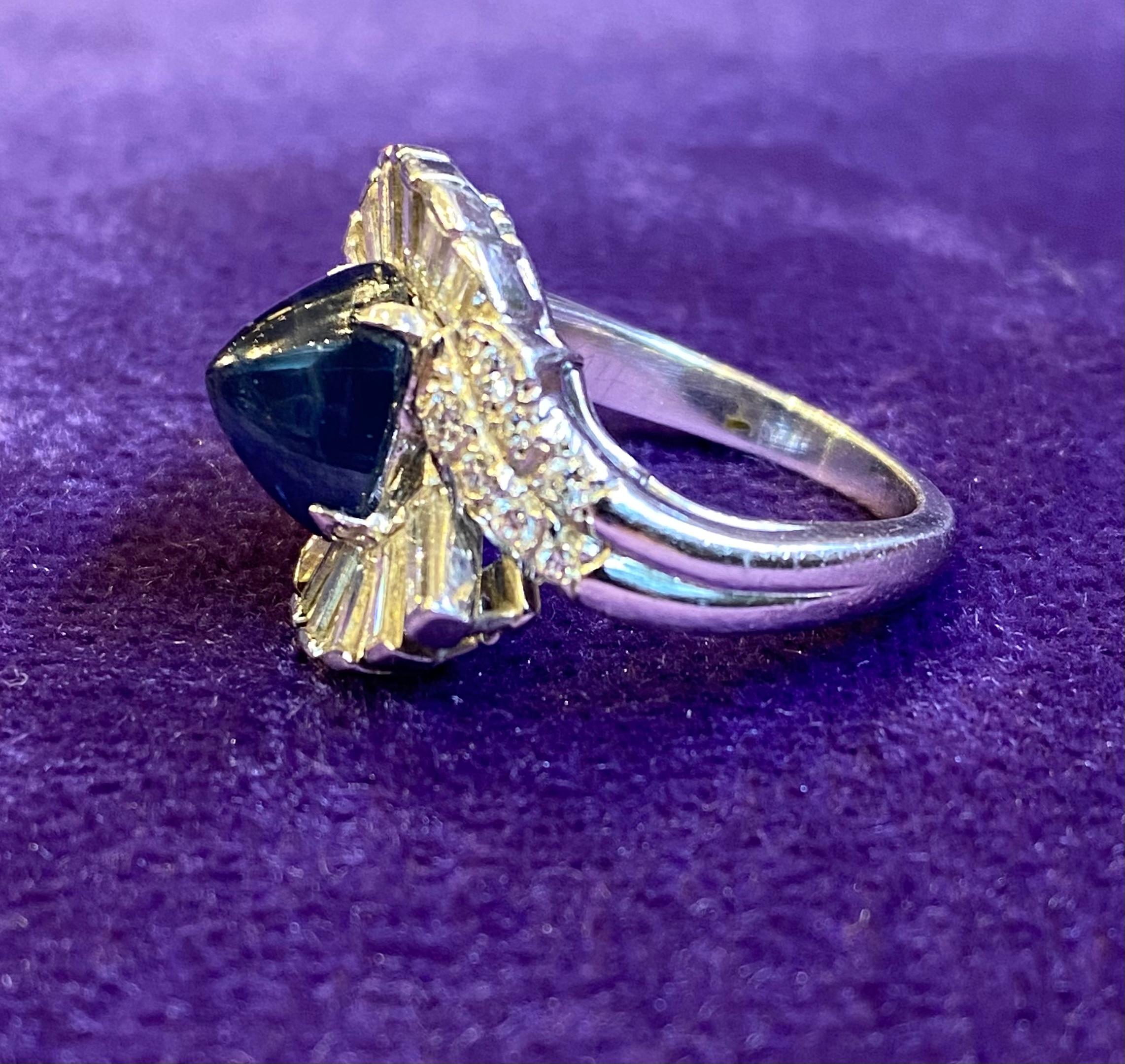 Art Deco Style Cabochon Sapphire & Diamond Cocktail Ring For Sale 2