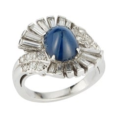 Retro Art Deco Style Cabochon Sapphire & Diamond Cocktail Ring