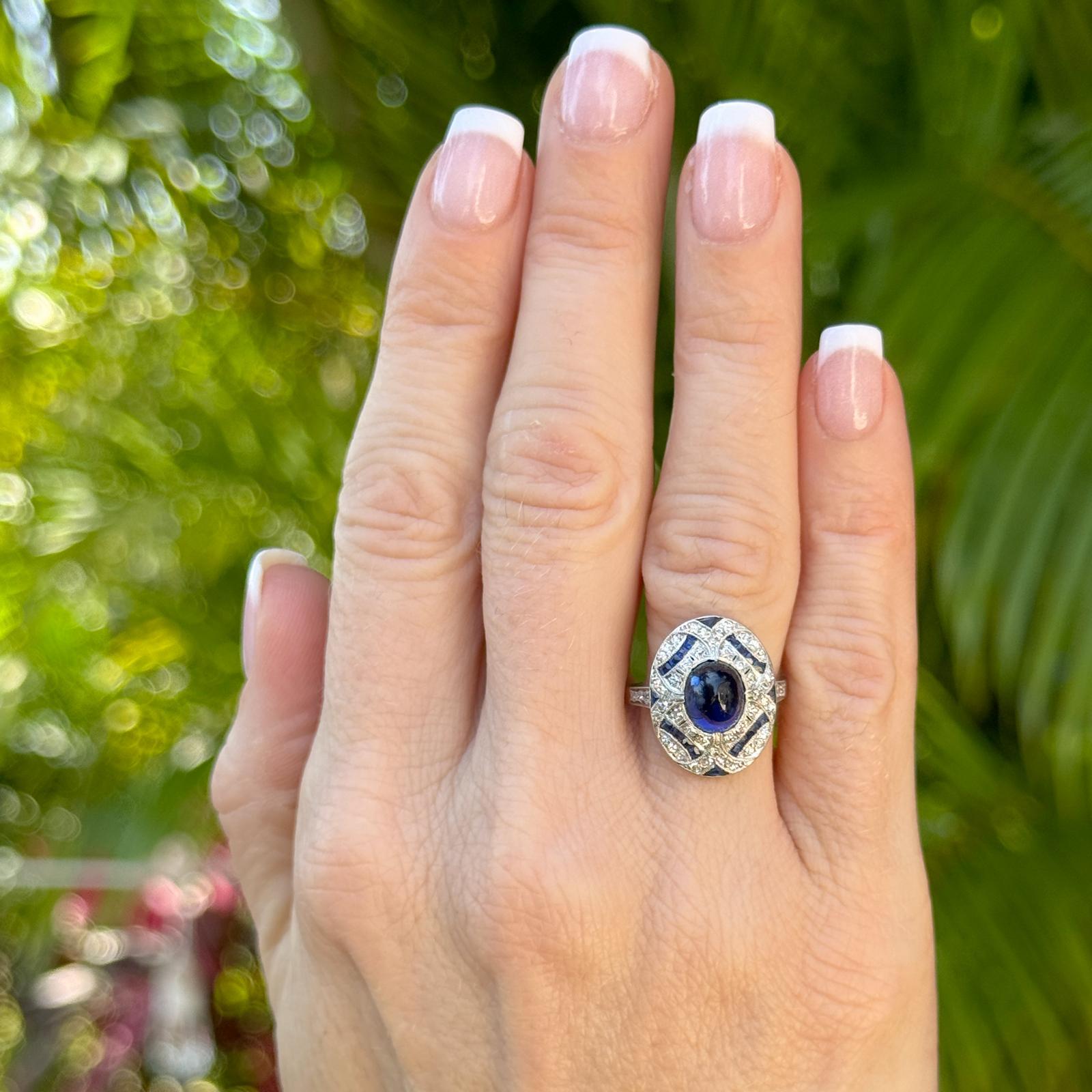 Women's Art Deco Cabochon Sapphire Diamond Platinum Estate Cocktail Ring For Sale