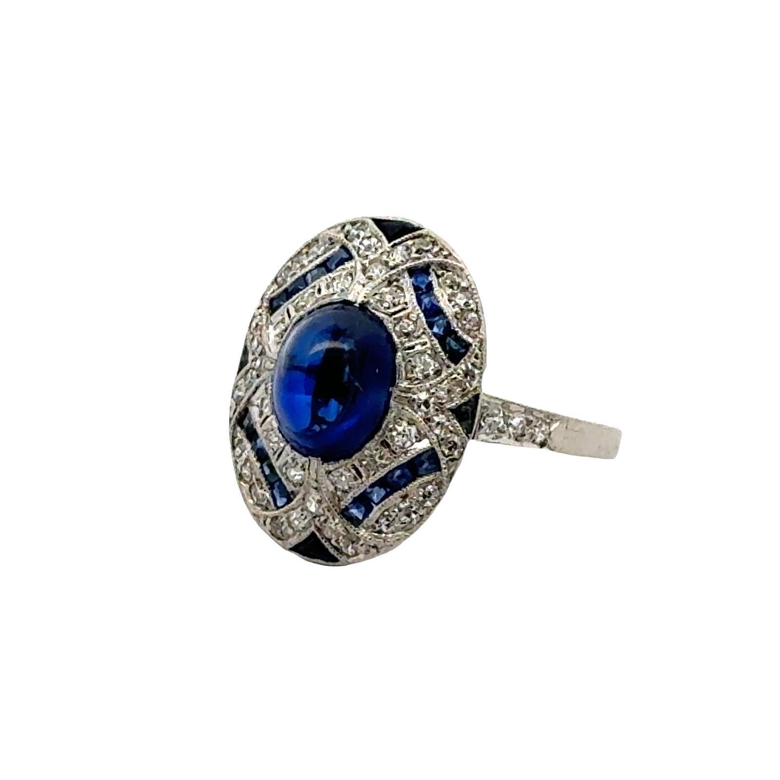 Art Deco Cabochon Sapphire Diamond Platinum Estate Cocktail Ring For Sale 1